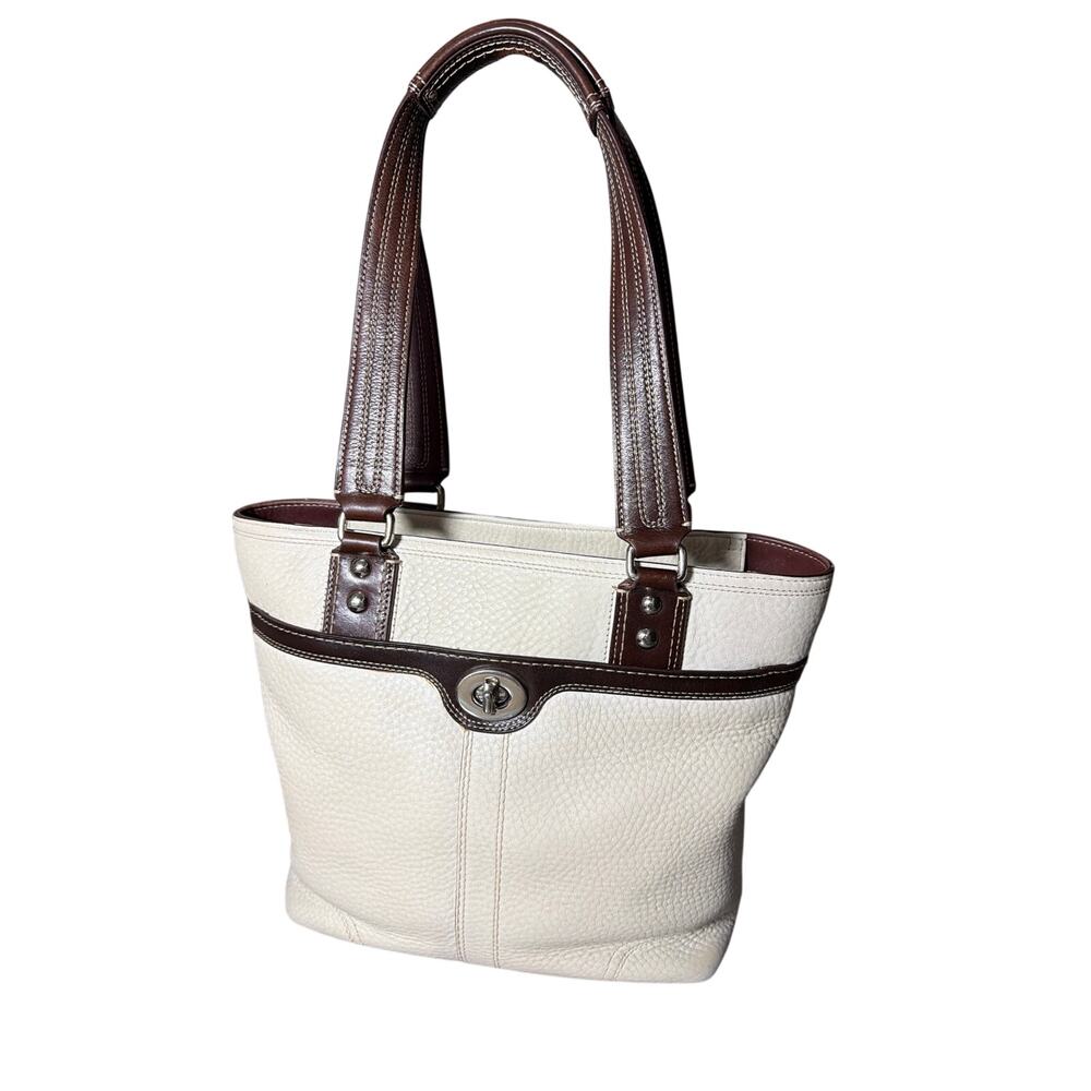 Coach Hampton Y2K White and Brown Tote Bag Turnlock Milled Leather 2009